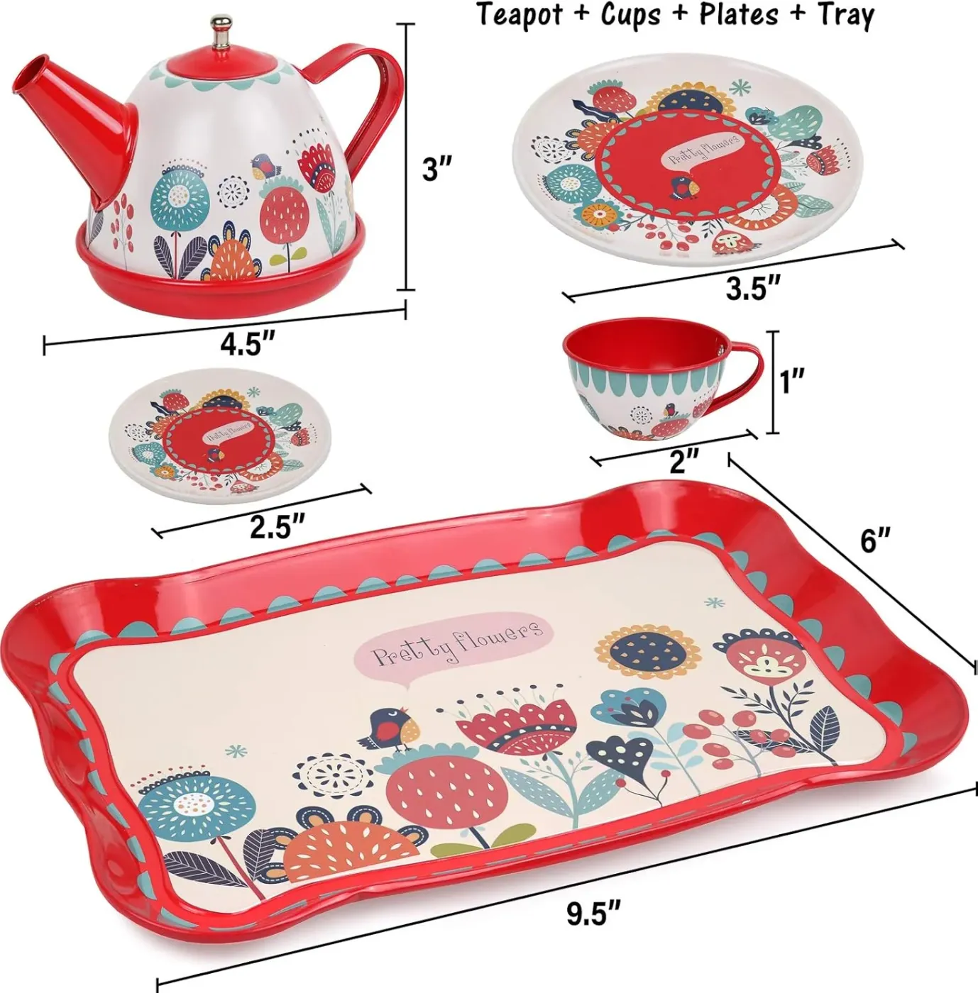 Floral 15-Piece Kids Tin Tea Set with Carrying Case