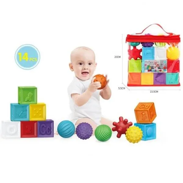 14pcs Puzzle Sensory Soft and Textured Rubber Balls and Blocks Set For Kids