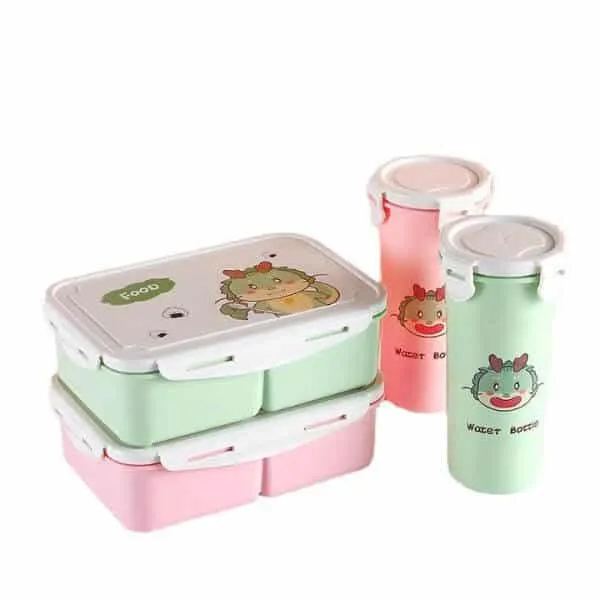 Cartoon Design Plastic Bento Lunch Box with Water Bottle