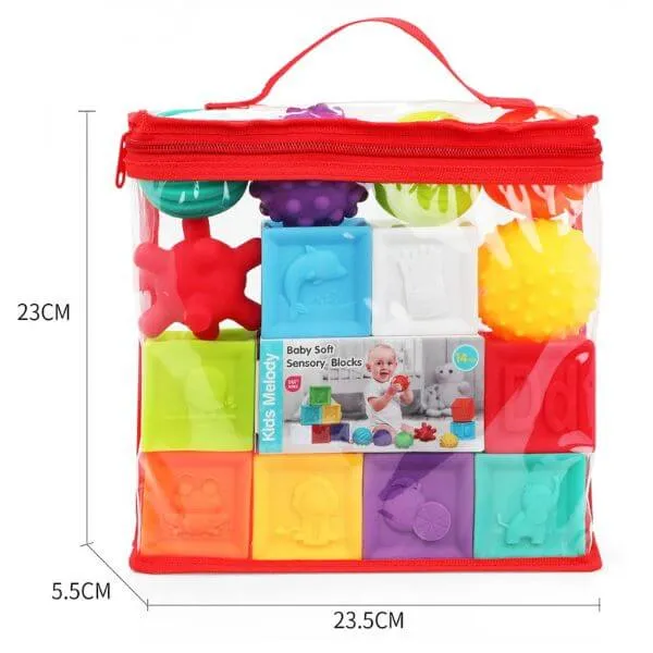 14pcs Puzzle Sensory Soft and Textured Rubber Balls and Blocks Set For Kids