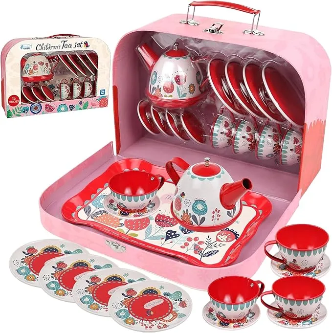Floral 15-Piece Kids Tin Tea Set with Carrying Case