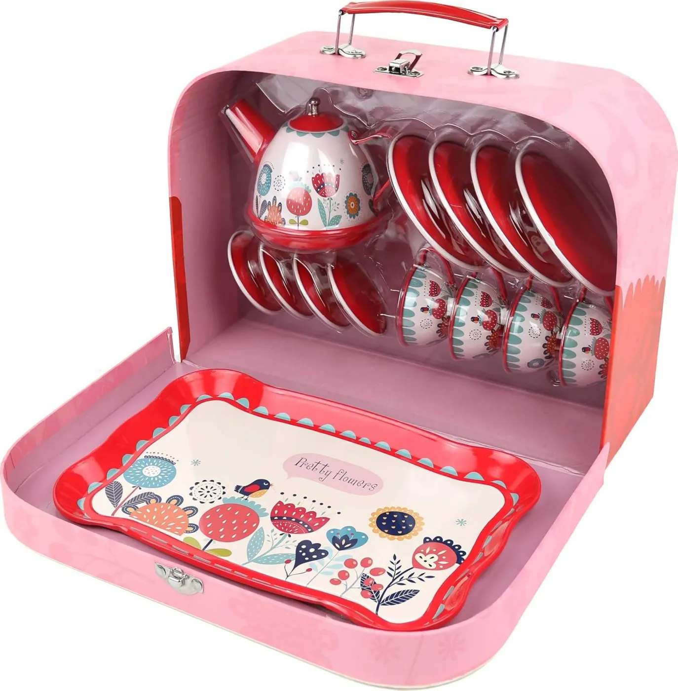 Floral 15-Piece Kids Tin Tea Set with Carrying Case