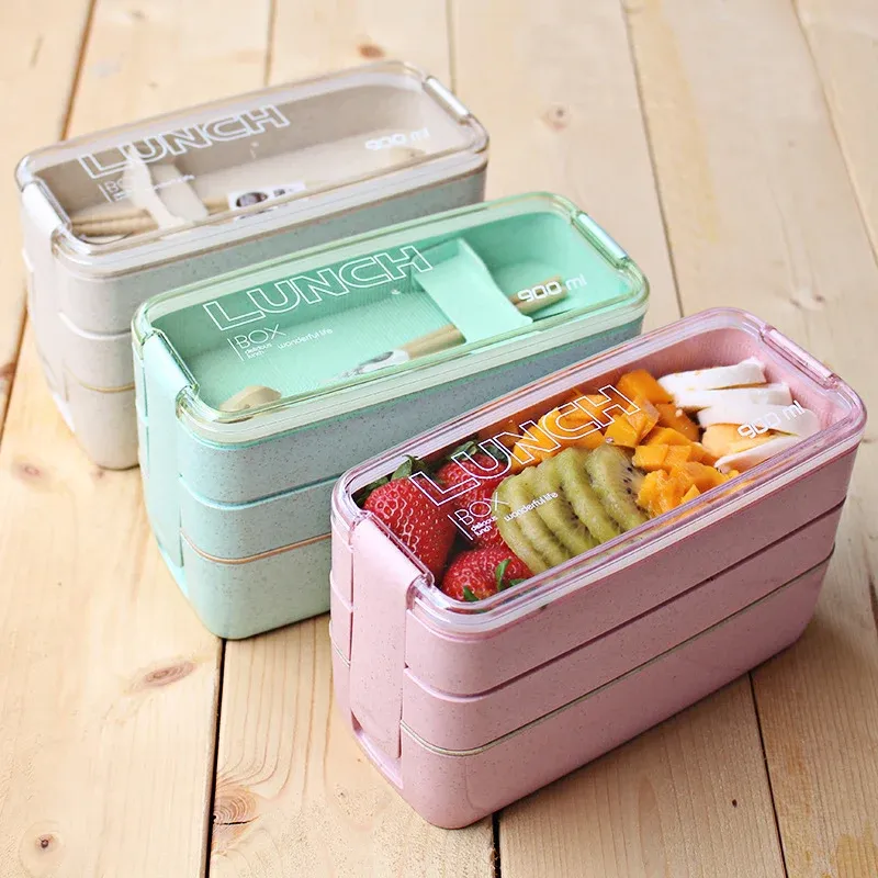 900ml 3-Layer Kids Bento Lunch Box with Spoon & Fork