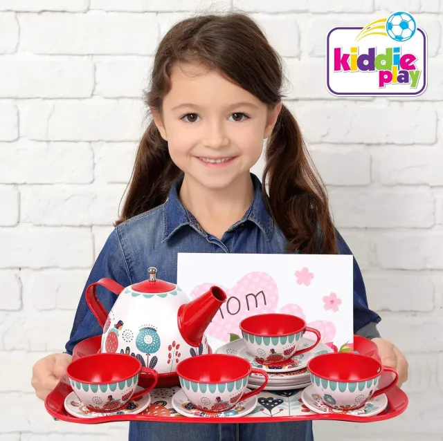 Floral 15-Piece Kids Tin Tea Set with Carrying Case