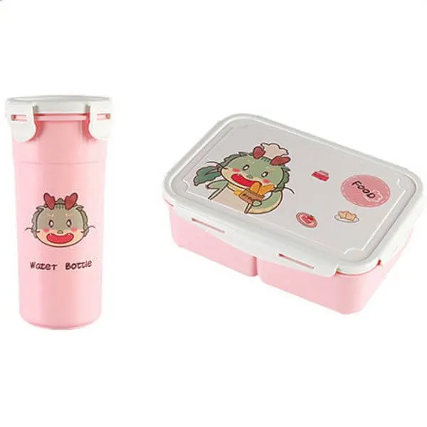 Cartoon Design Plastic Bento Lunch Box with Water Bottle