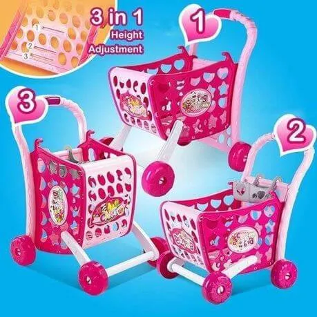 3 in 1 Shopping Cart Kids Pretend Play Trolley Toy Set