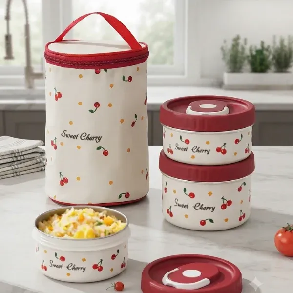 3 Piece Stainless Steel Lunch Box Set With Lunch Bag