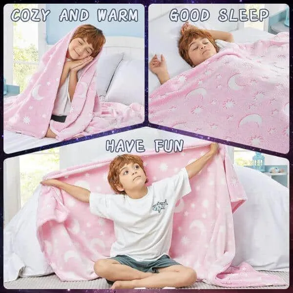 Glow in The Dark Soft Star Moon Pink Blanket