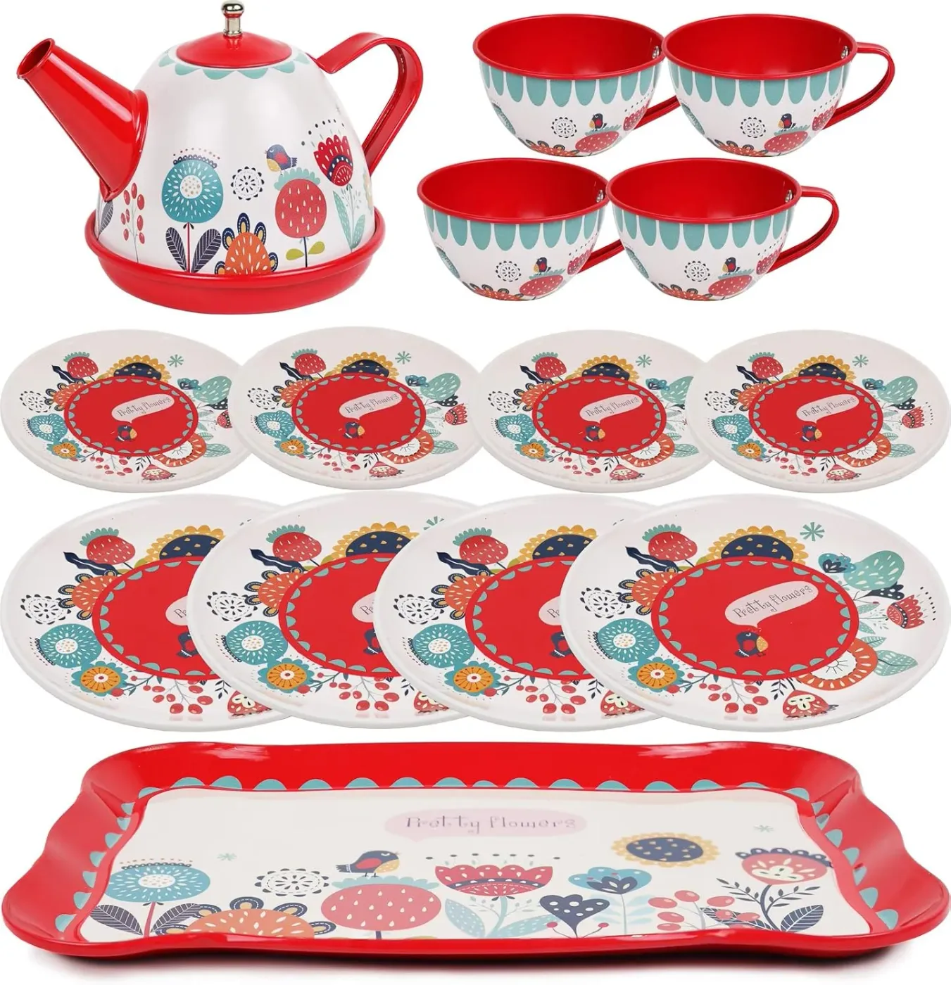 Floral 15-Piece Kids Tin Tea Set with Carrying Case